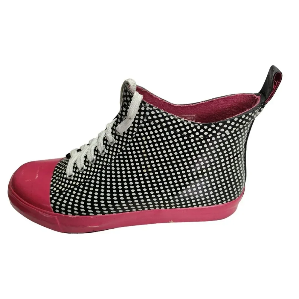 LA Gear High Top Rain Boots Womens 8 Polka Dot Black Pink Rubber Vintage 90s